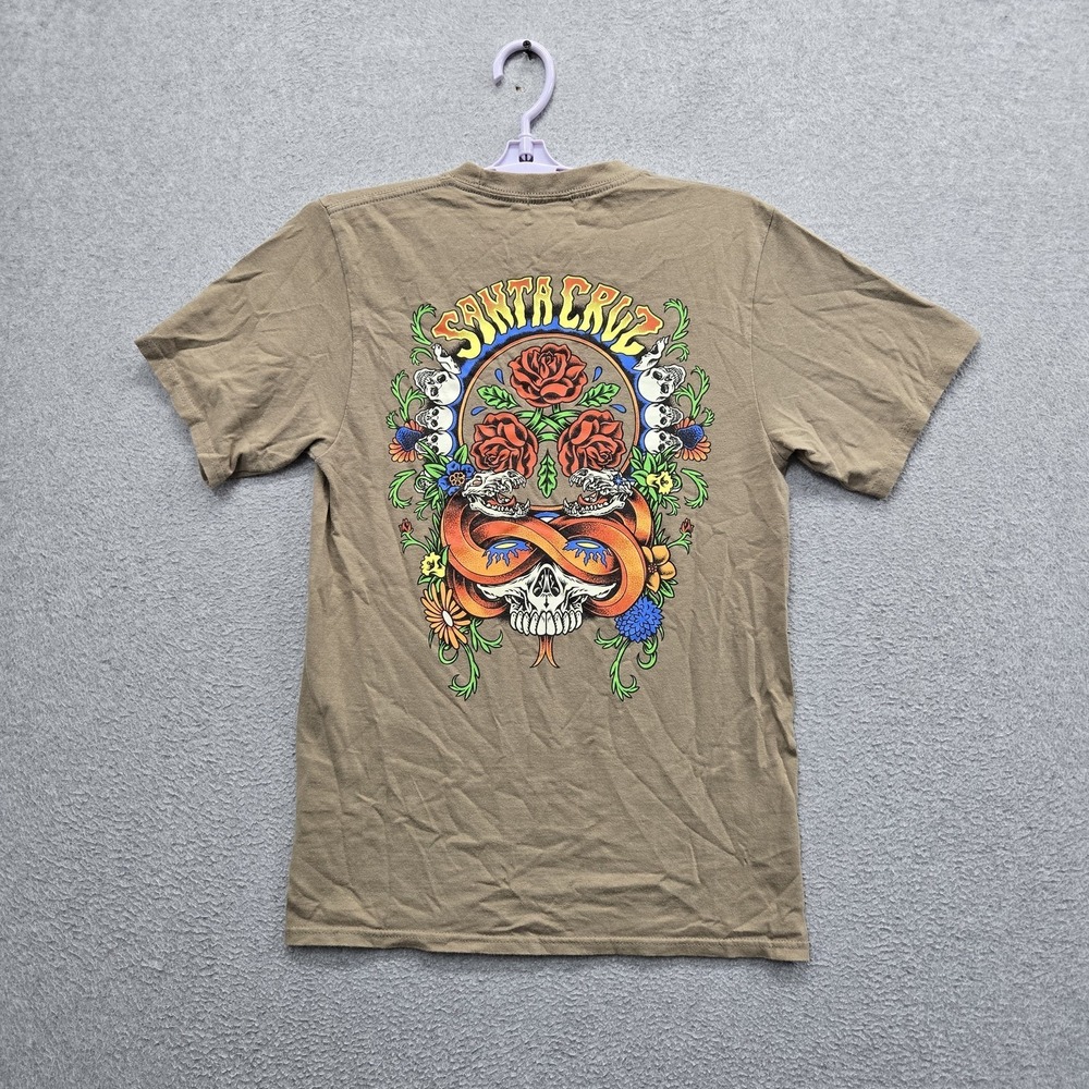 Santa Cruz Men Shirt S Tan Graphic Skull Roses Skate Logo Short Sleeve